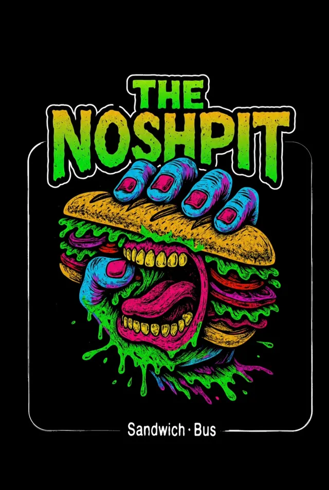NoshPit artwork: a monster hand crushing a dripping sandwich